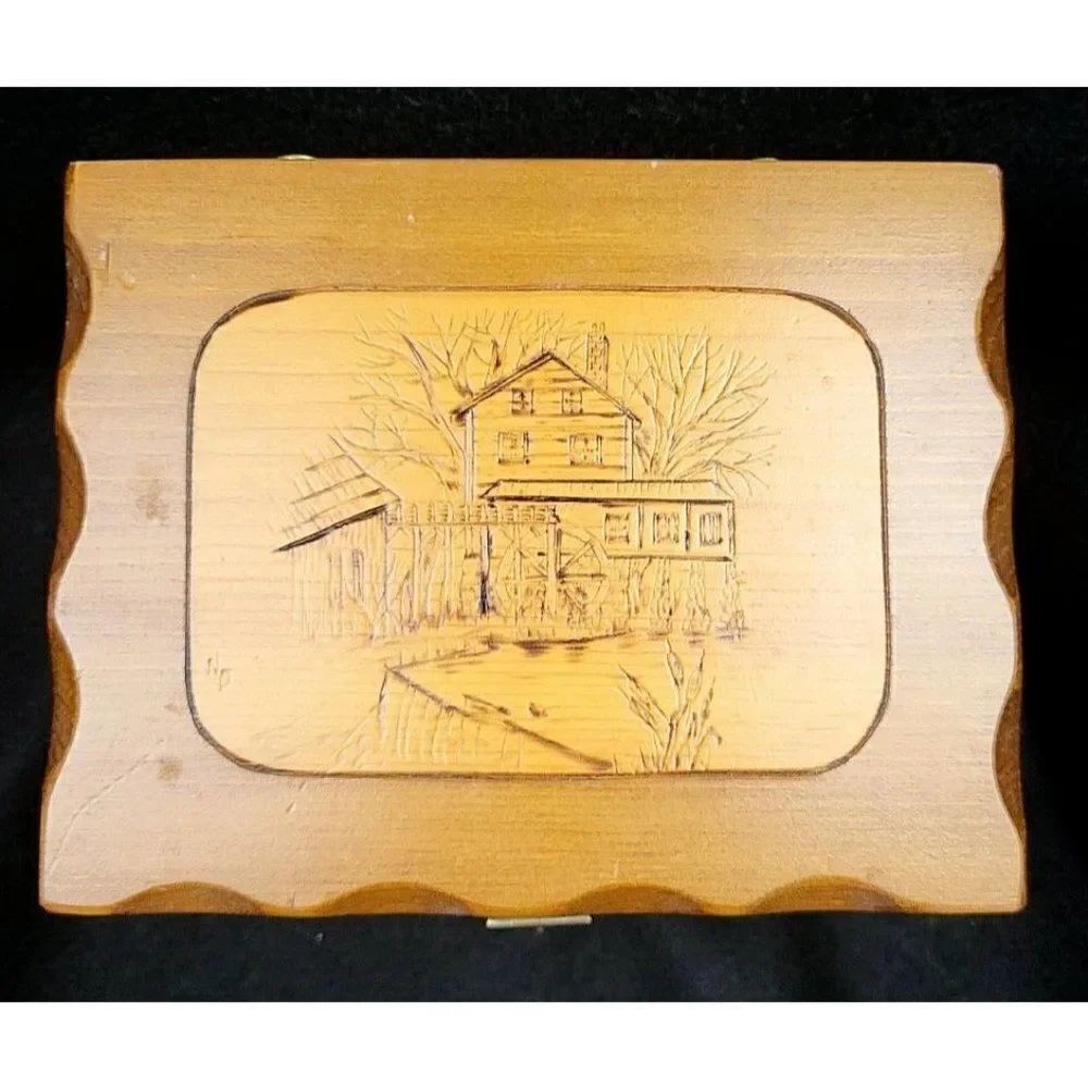Vintage Hand Carved Wooden Trinket Jewelry Box Etched Grist Mill Design Scallop